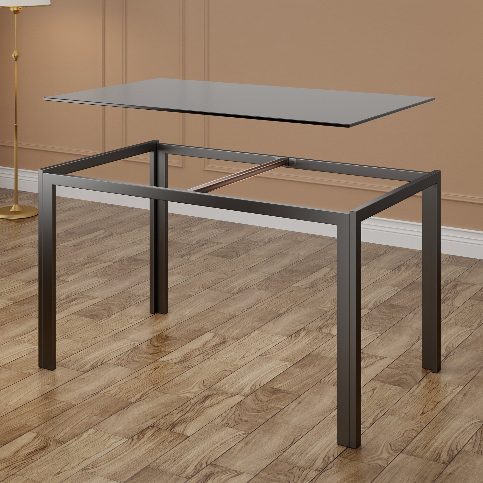 Set da pranzo Bealife con tavolo e sedie: 1 tavolo in vetro con 4 sedie in similpelle, struttura in metallo e base antiscivolo nera - 5