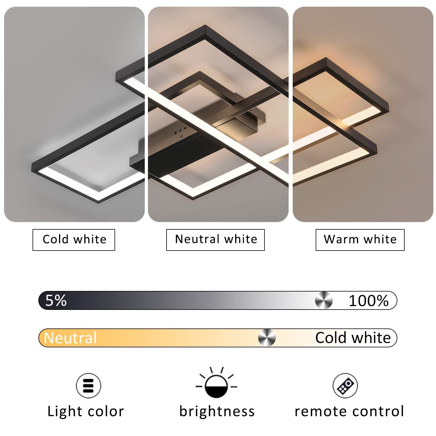 NETTLIFE Plafón Dimmable, 65x47x7.5cm, 3 LED Techo Negras, Ctrl Remoto, 65W, Ilum. Empotrado - 2