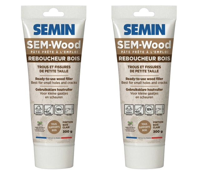 Semin - Reboucheur Bois - Traitement des Trous et Fissures - Intérieur/extérieur - Finition Bois Clair - Prêt à l’emploi - Tube de 300 g (Lot de 2)