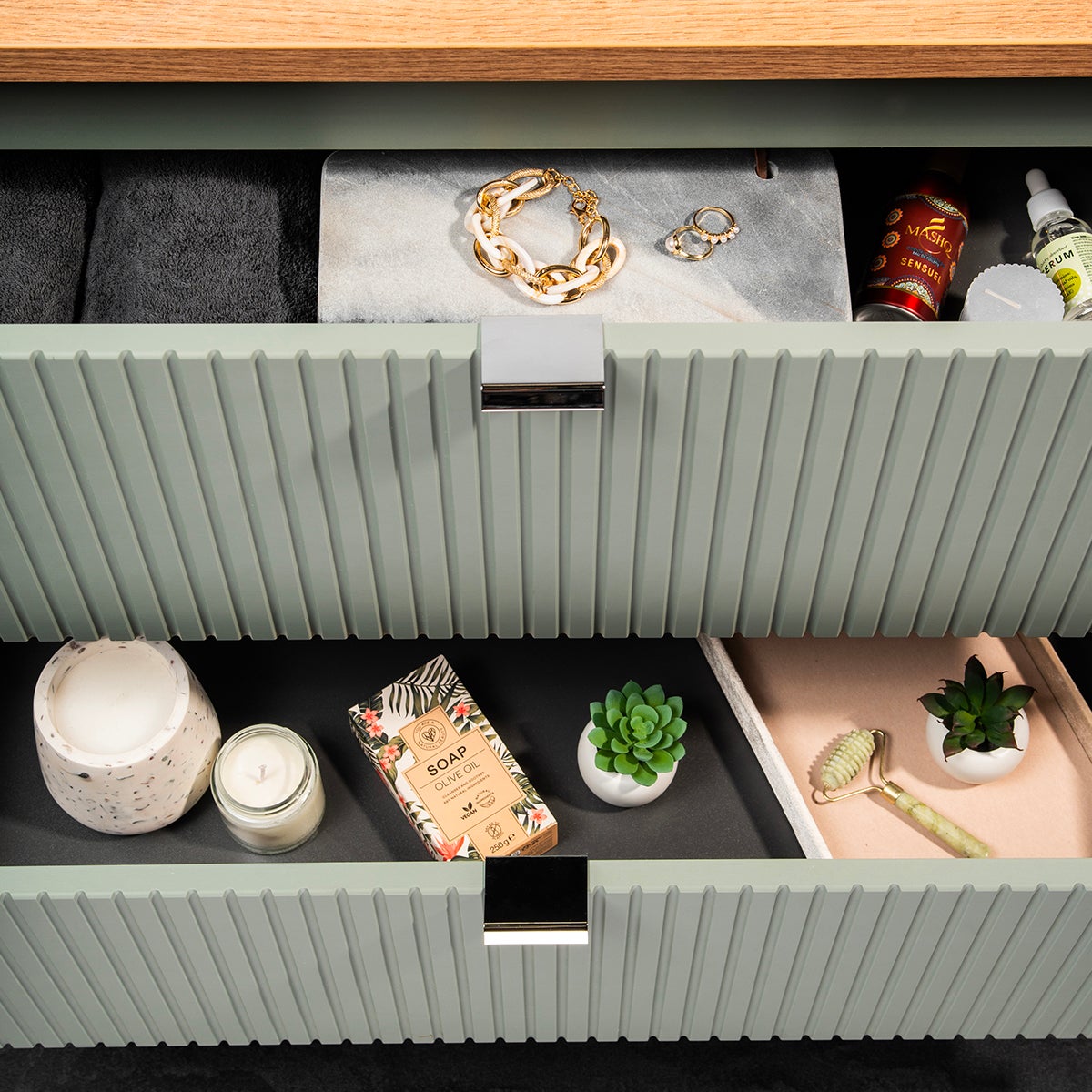 Ensemble meuble simple vasque 80cm 2 tiroirs miroir LED et colonne Jade Vert et Bois - 7