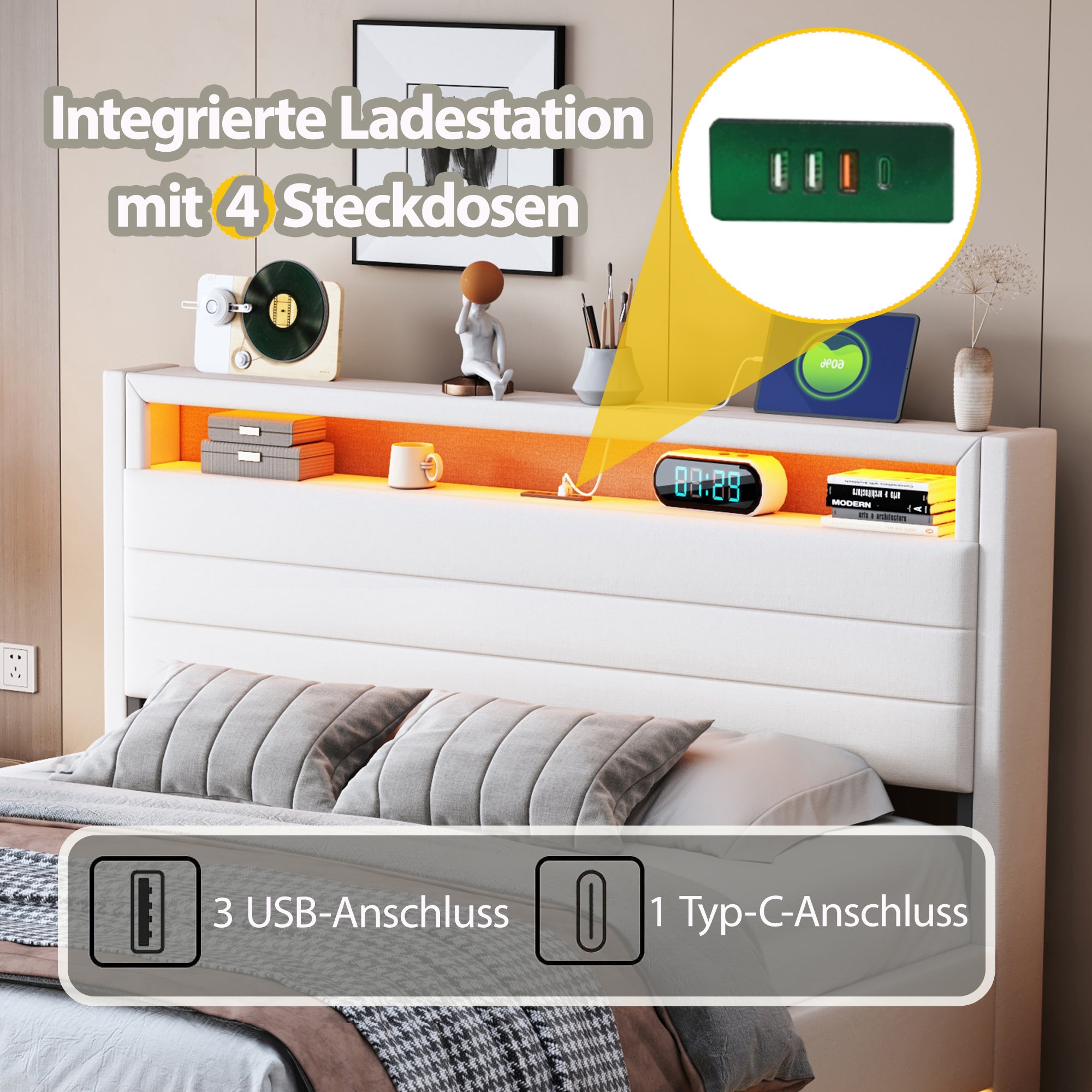 Cama canapé de 140 x 200 cm con cabecero y espacio de almacenaje - Puerto USB y LED - Tejido de lino - Beige (sin colchón) - 5