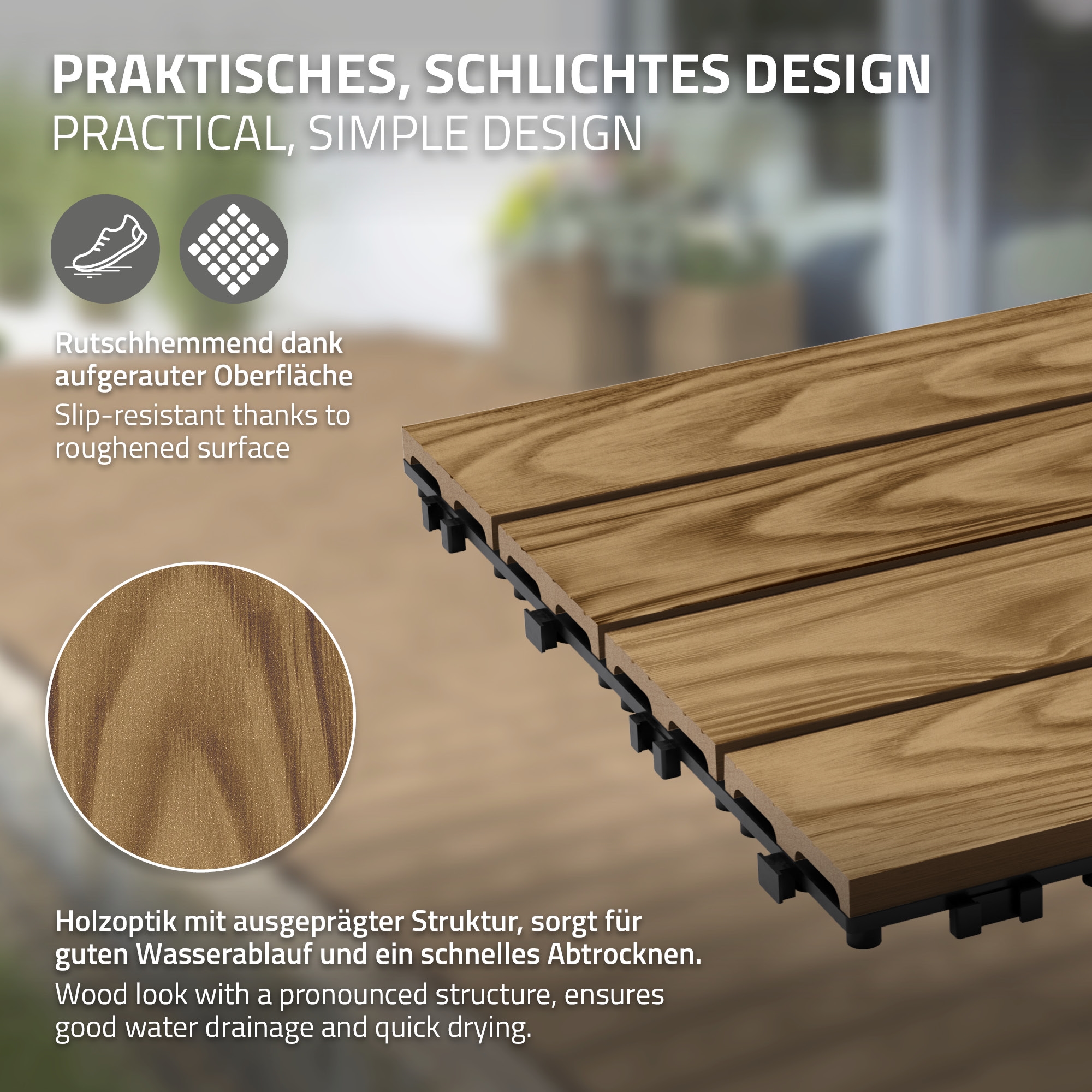 ECD Germany plytki tarasowe wpc 30x30 cm 55 sztuk 5m² kwadratowy teak panele podłogowe klik odpływ wodny balkon taras ogród patio weranda - 4