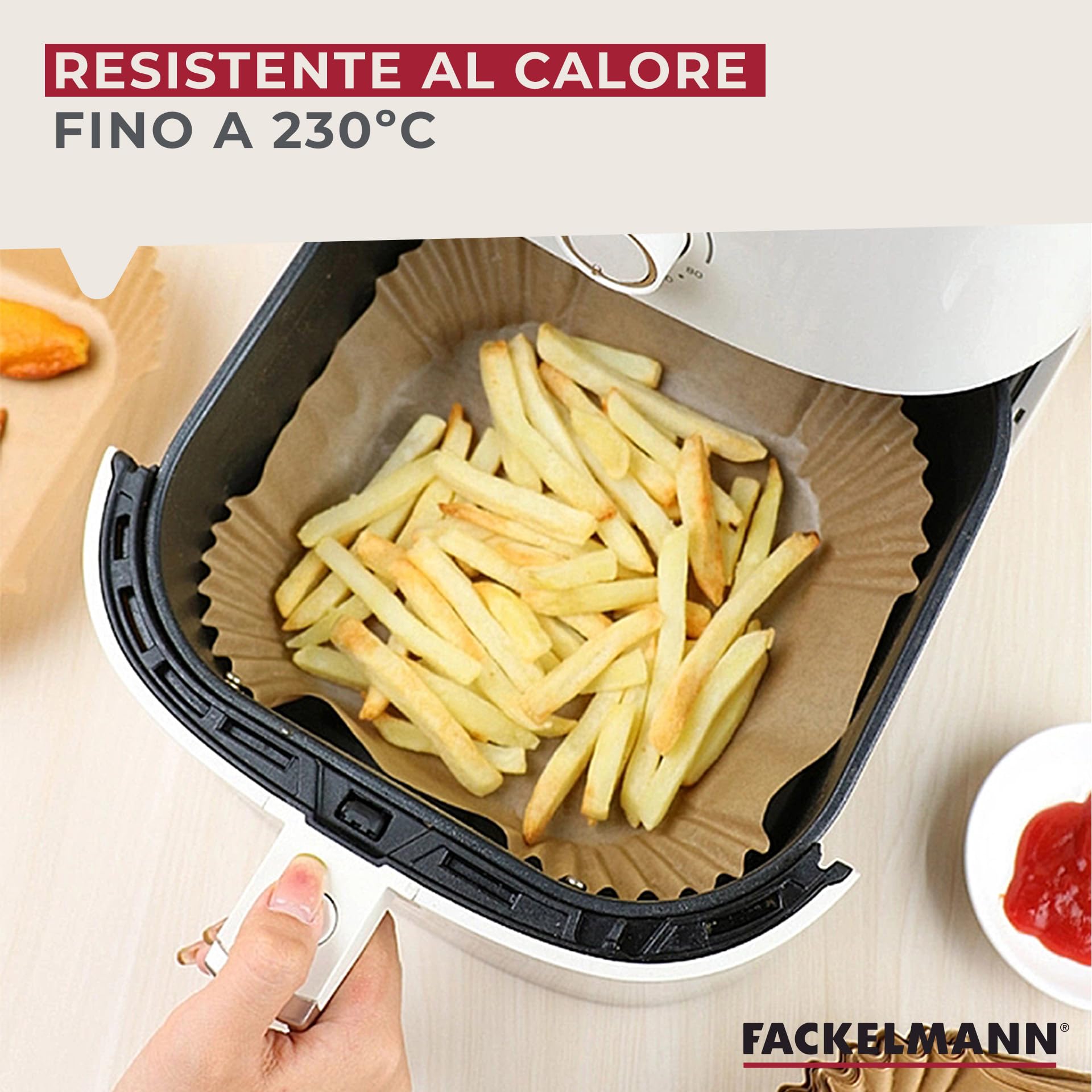 Fackelmann Vassoio di carta per friggitrice ad aria, carta per friggitrice quadrata, polpa di legno antiaderente e impermeabile, resistente fino a 230 - 4