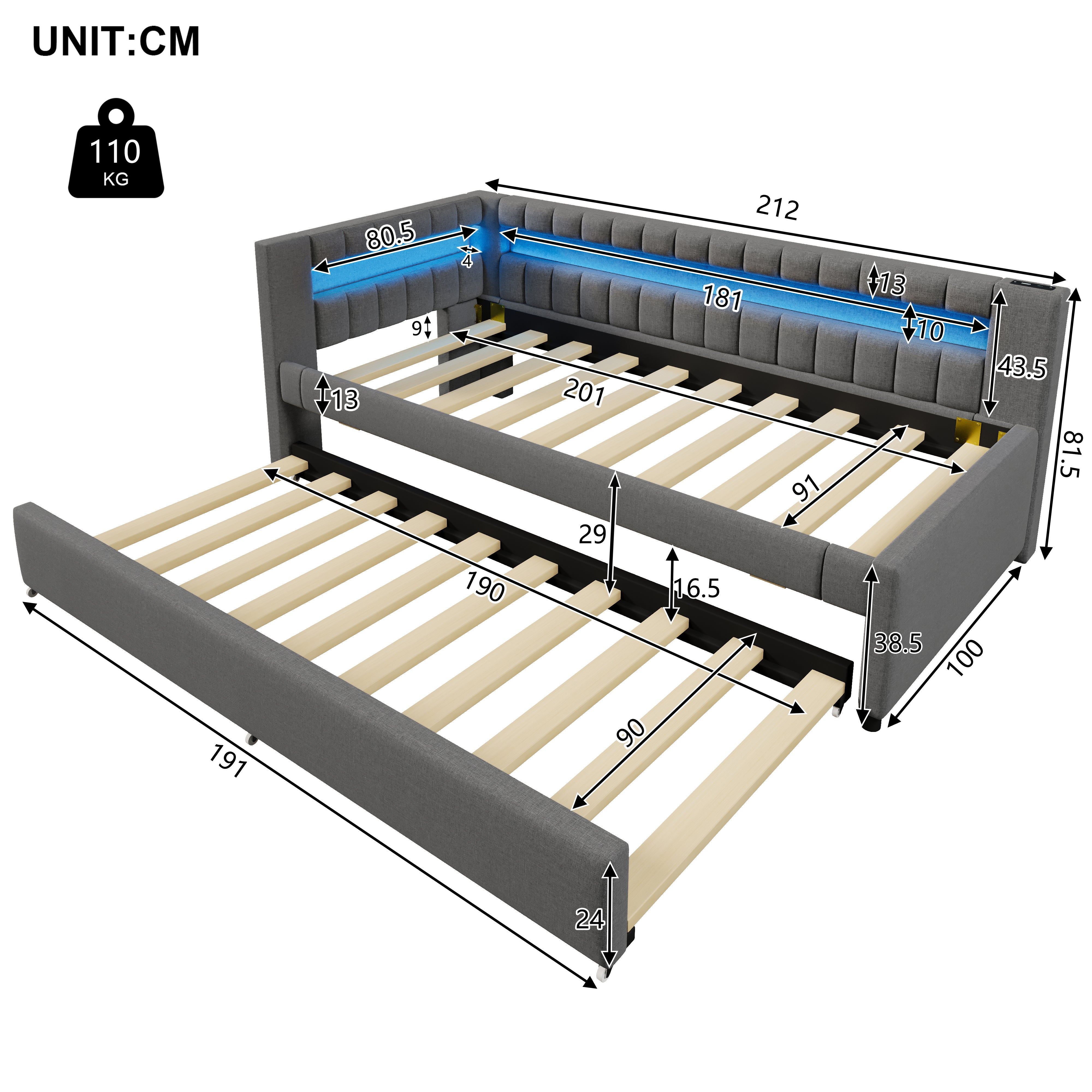 Cama nido para adultos de lino 90 × 200 cm con barra luminosa LED, sofá cama 2 en 1 con somier de láminas, USB + TYPE-C, Gris (sin colchón) - 8