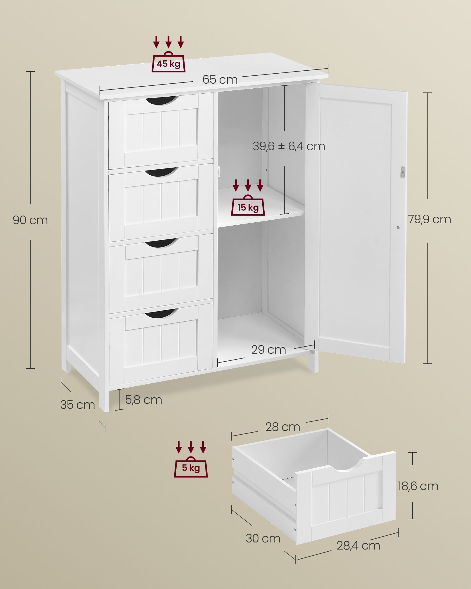 Meuble Salle de Bain Rangement, Armoire Gain de Place, Commode, avec 4 Tiroirs, Placard avec Porte, Étagère Réglable, 35 x 65 x 90 cm, Blanc Nuage - 4