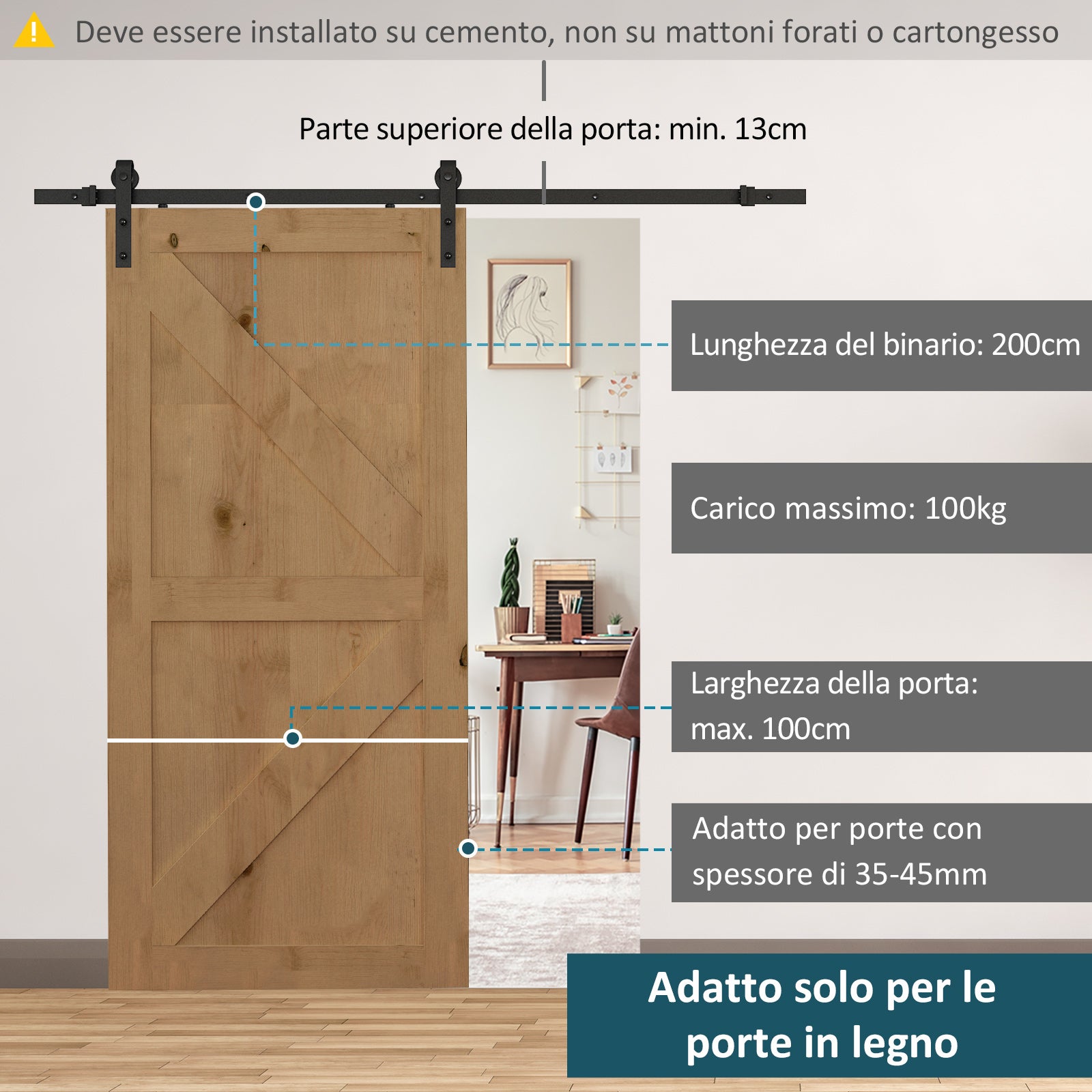 Kit d'accessoires pour rail de porte coulissante de 200 cm avec rail et roulettes, capacité de charge 100 kg, acier au carbone, 200 × 4 × 0,6 cm - 5
