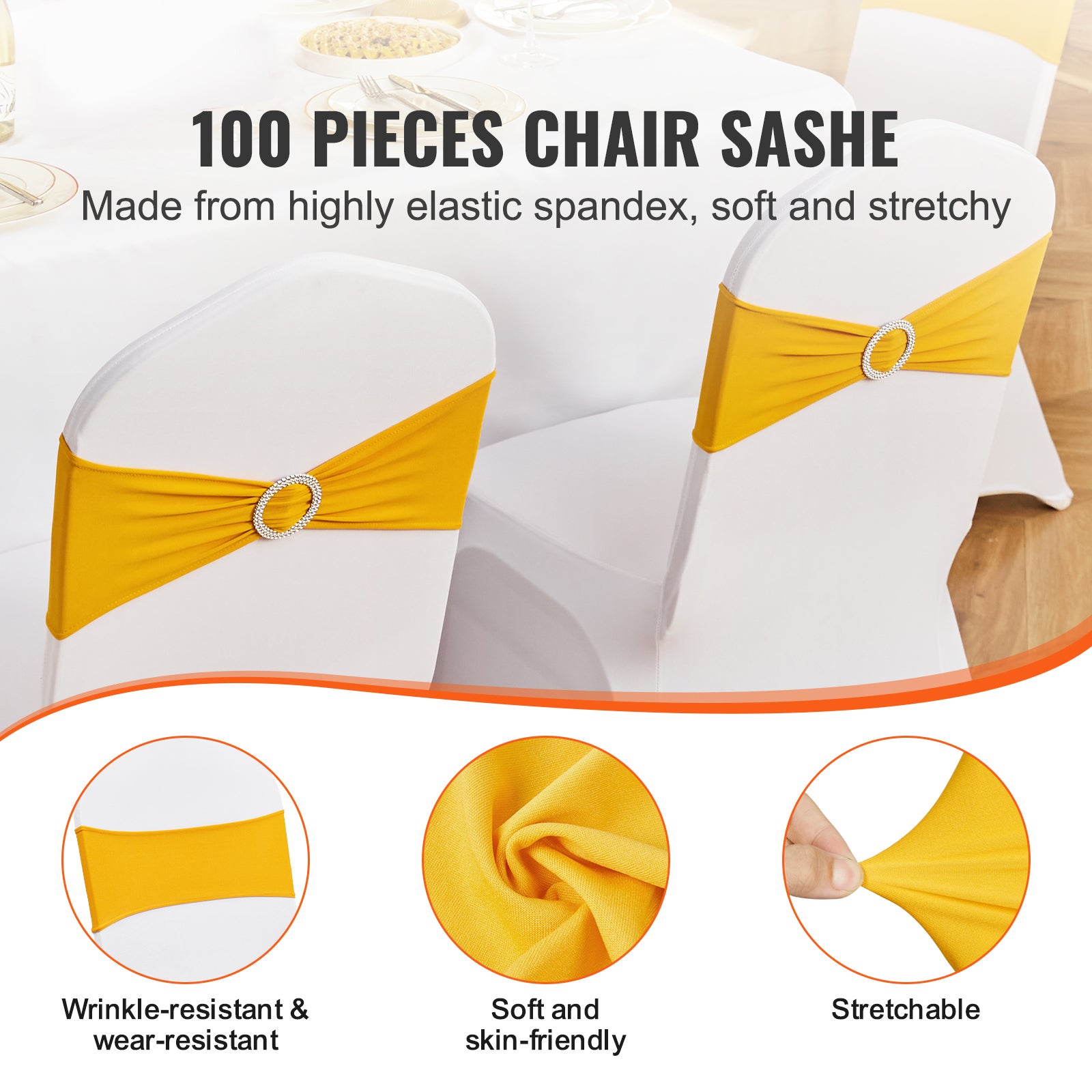 Écharpes chaise extensible,SucceBuy housse avec boucle ronde,bandes élastiques,100 pièces jaune doré pour décoration de mariage,vacances et fête - 4