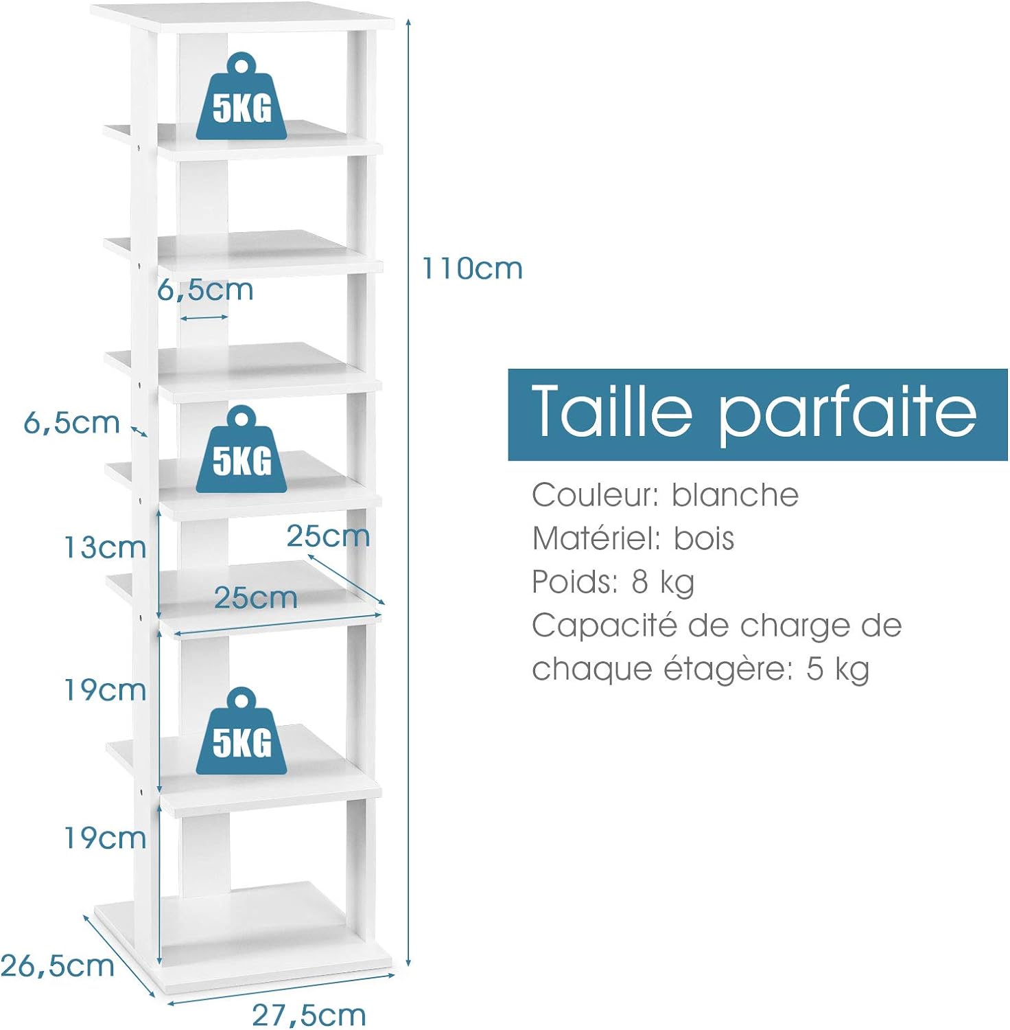 Étagère à Chaussures à 7 Niveaux, Range-Chaussures Vertical et Compact en Hauteur Différente, pour Couloir Salon Entrée 27,5 x 26,5 x 110 CM (Blanc) - 5