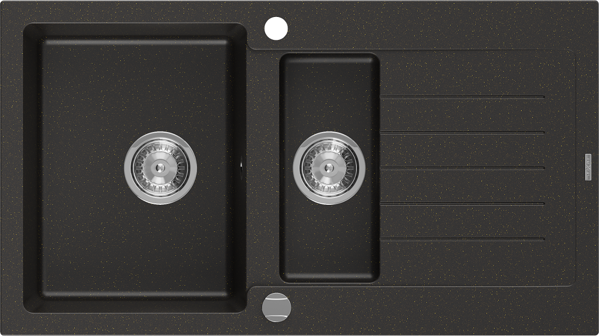 Mexen Matias zlewozmywak granitowy 1,5-komorowy z ociekaczem 900 x 505 mm, czarny/złoty metalik, syfon chrom - 6502901505-75