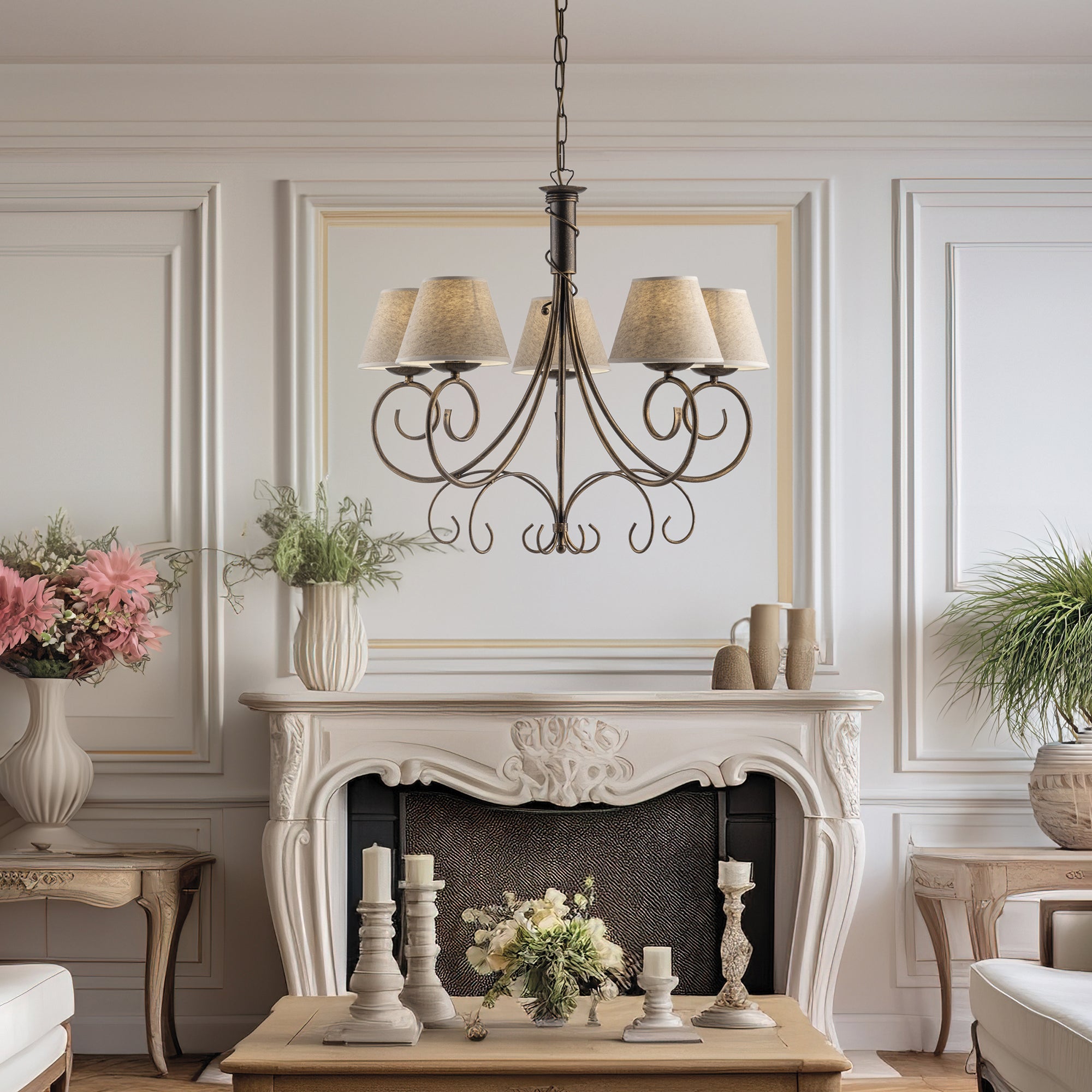 Lustre Vienna fer marron, décor or antique, abat-jour jute d.13, 5 lumières d.60 cm, style chaleureux vintage - 4