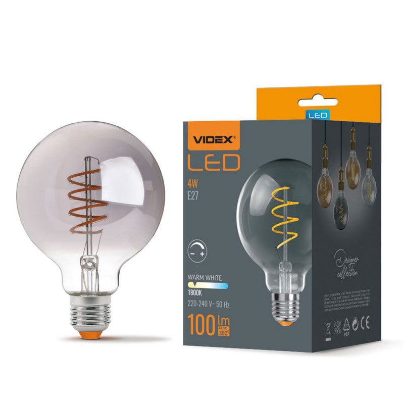 Żarówka dekoracyjna Ściemnialna LED FILAMENT E27 4W kulka dymiona Ciepła biel 1800K 100lm Videx