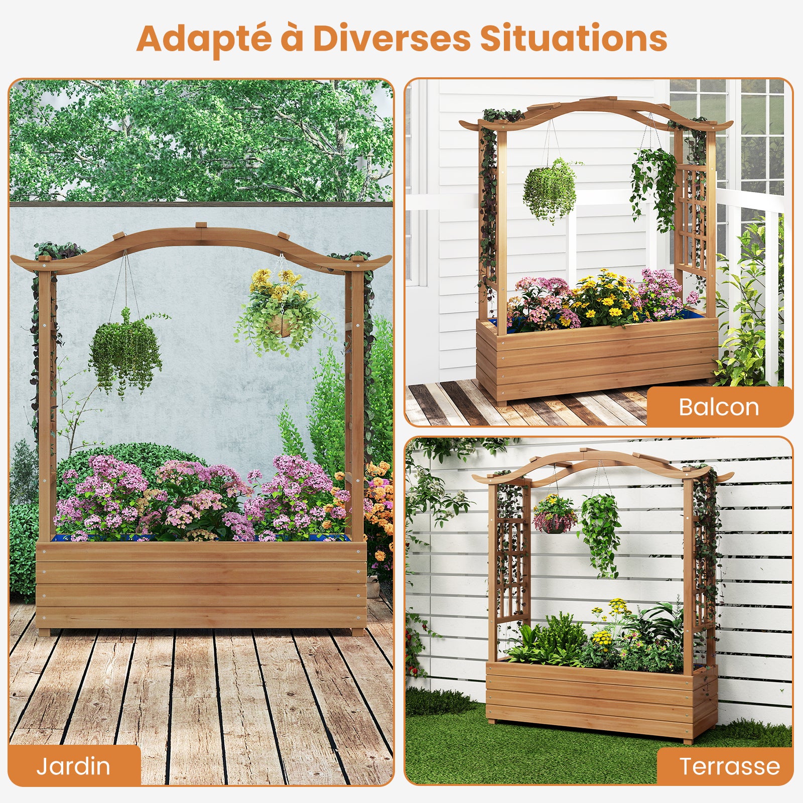Jardinière avec 2 Treillis Latéraux Toit Suspendu en Bois, Lit de Jardin Surélevé Bac Inférieur pour Fleurs Légumes Plantes Grimpantes, pour Jardin - 7