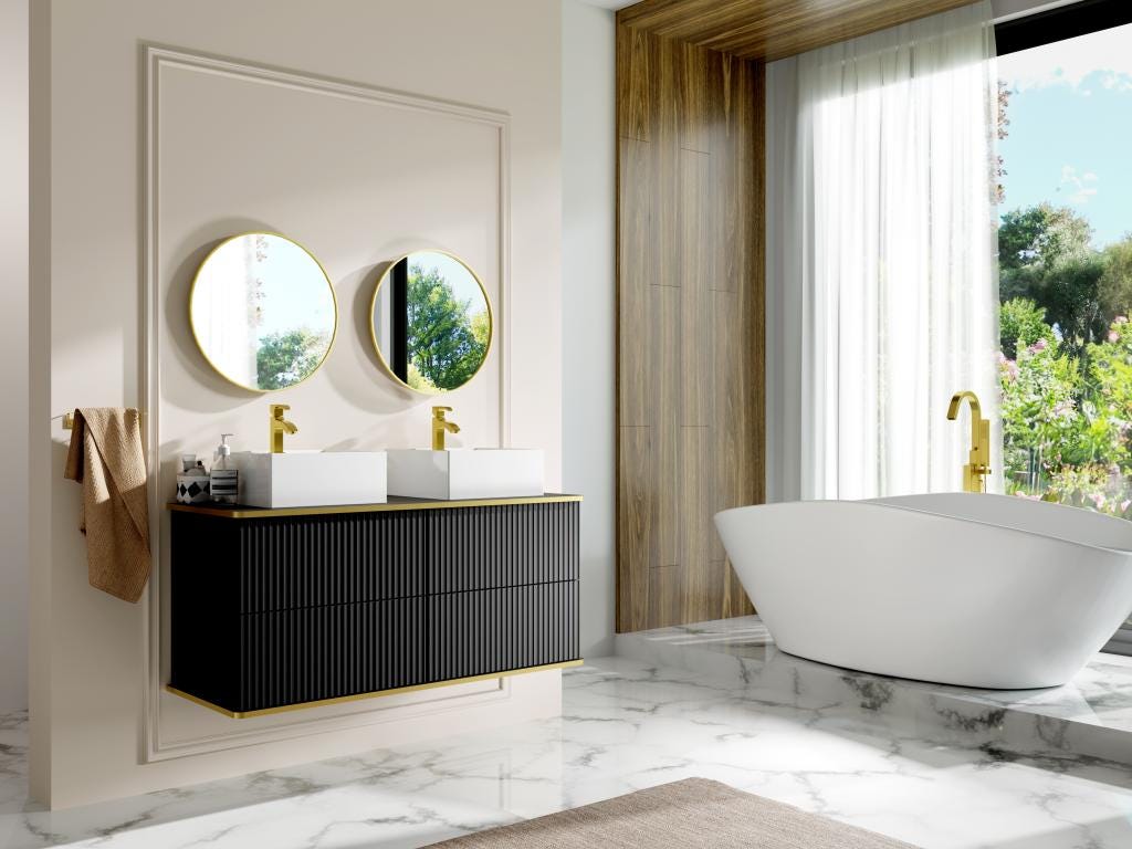 Meuble de salle de bain suspendu strié liseré doré avec double vasque à