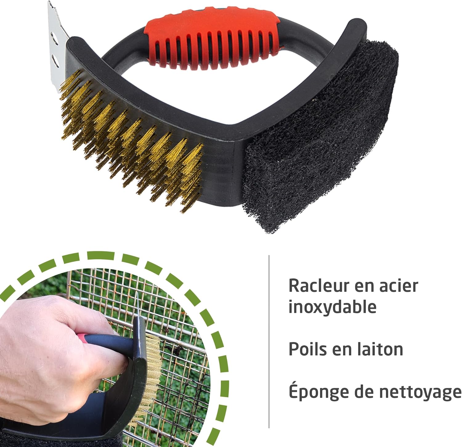 3 in 1 Barbecue Cleaning Brush | Brosse, Grattoir et Tampon à Récurer | pour Barbecues et Grilles au Charbon de Bois, au Gaz ou Électriques - 3