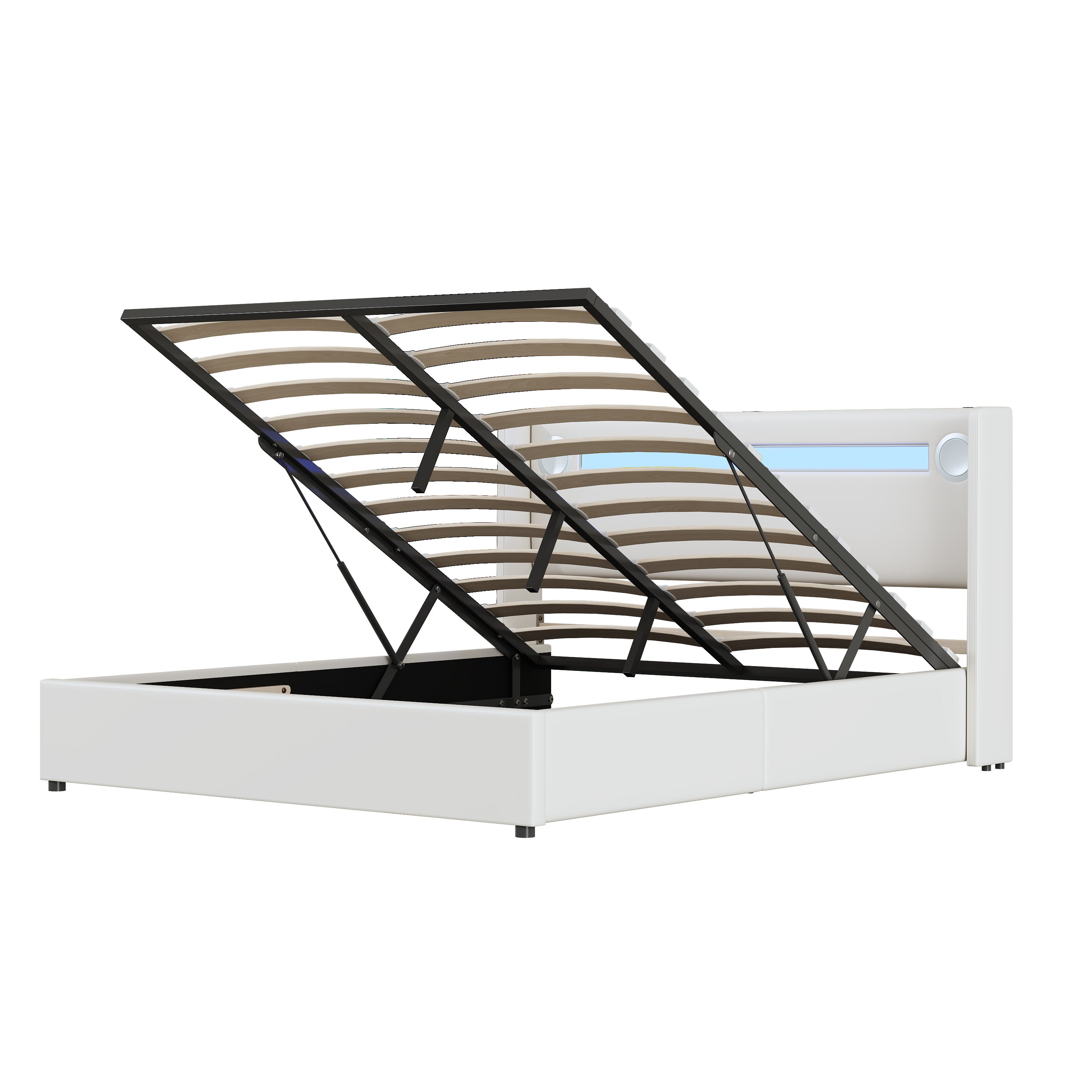 Łóżko z tapicerowanym zagłówkiem z ekoskóry 160x200cm z LED, odtwarzaczem Bluetooth i portami USB - z stelażem na listwy - Białe - 8