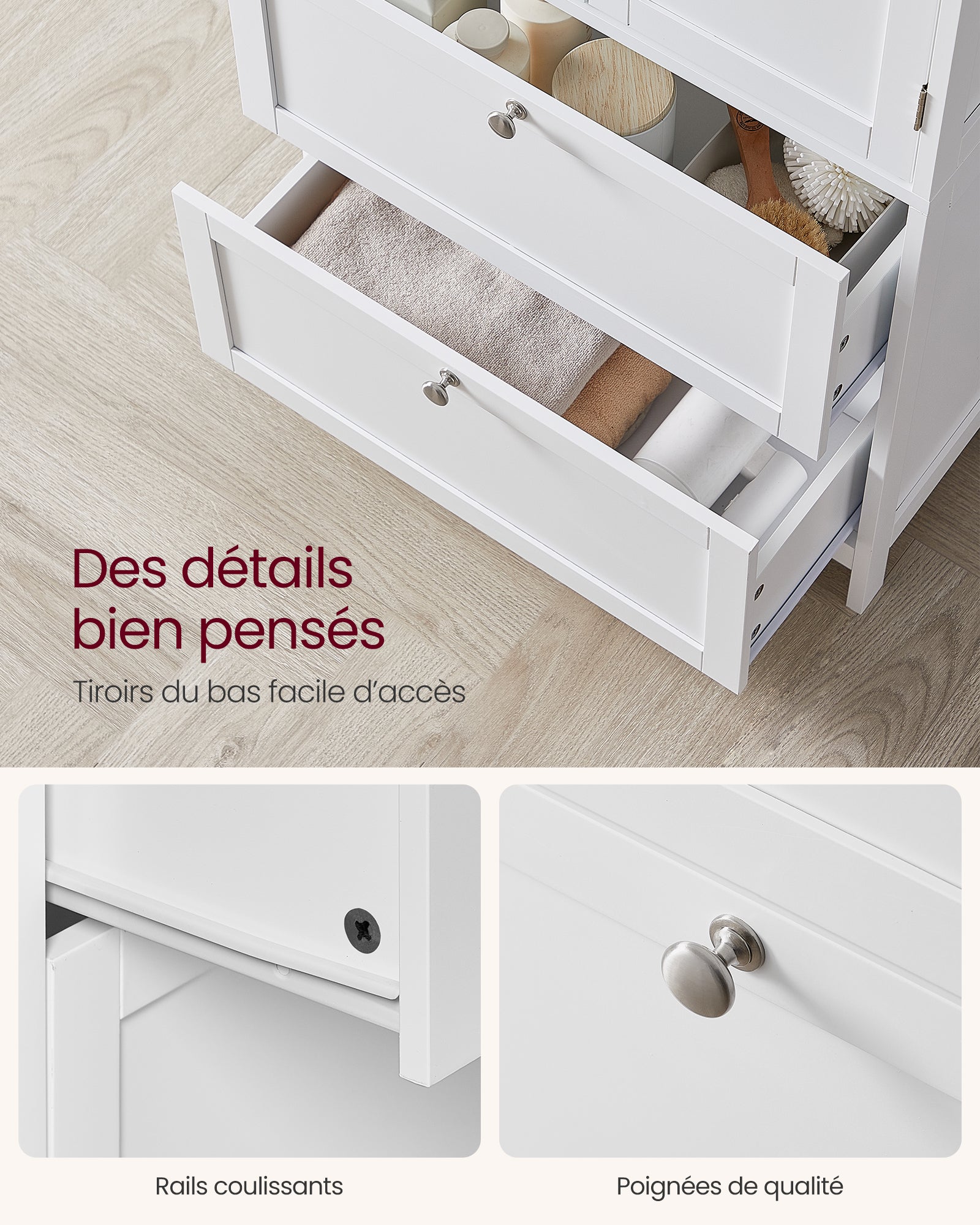 Armoire de Salle de Bain, avec 2 Tiroirs et 2 Portes, Étagères Réglables, 60 x 30 x 110 cm, Blanc - 6