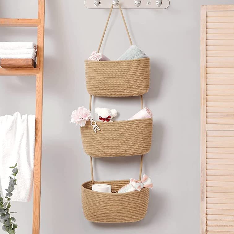 Paniers suspendus au-dessus de la porte, sac de rangement en coton tissé à 3 niveaux, paniers de cuisine décoratifs muraux pour chambre d'enfant - 2