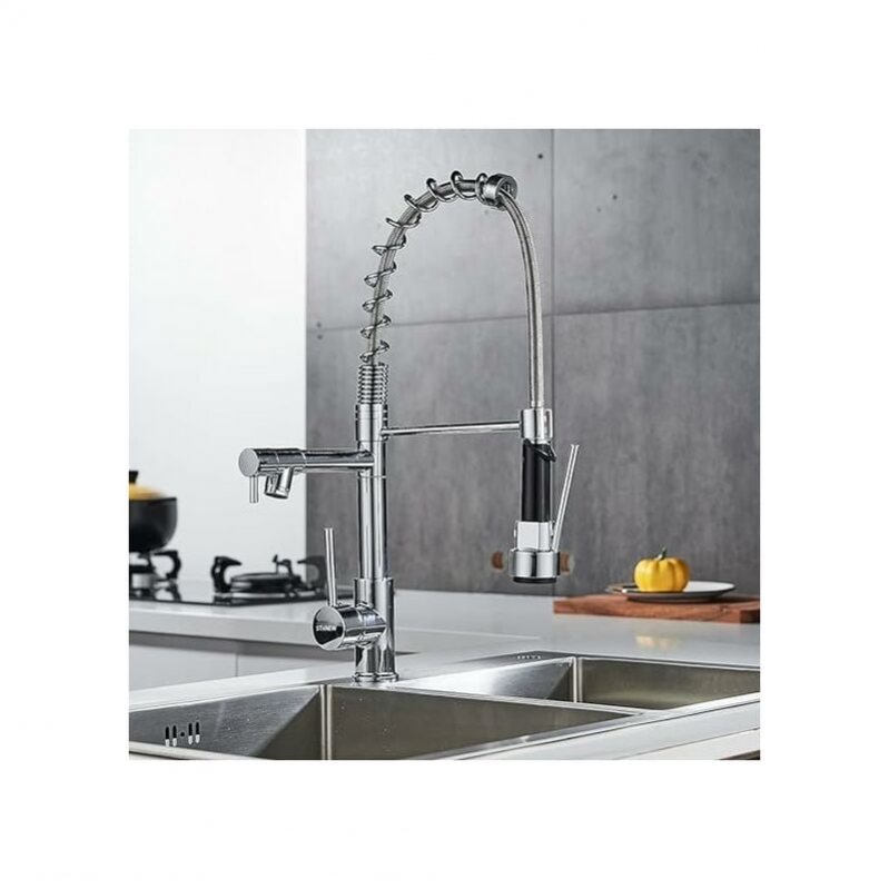 Obrotowa 360° bateria kuchenna, chromowana mosiężna bateria kuchenna, dwudyszowa bateria kuchenna ze srebrnymi elastycznymi dyszami.