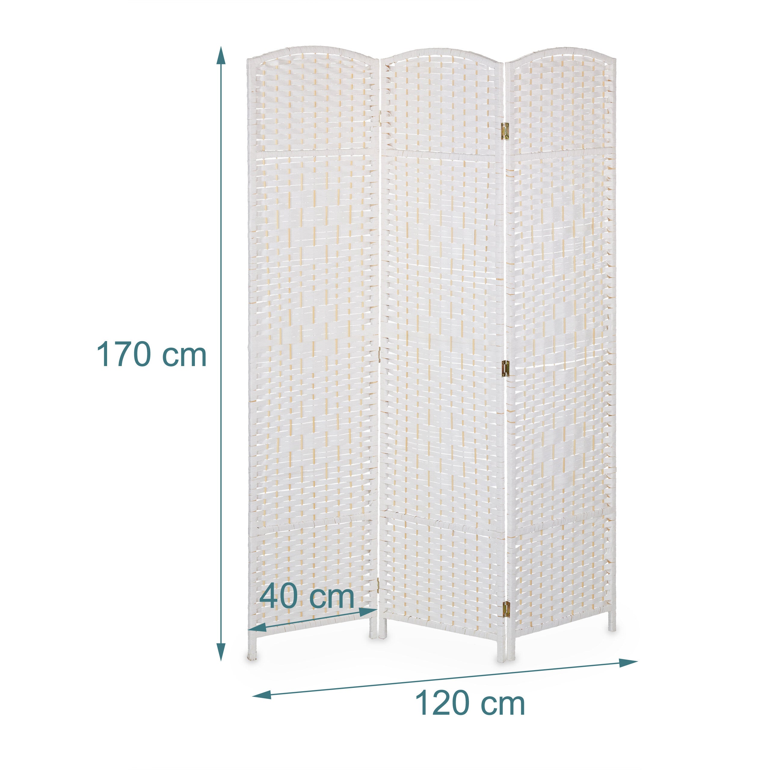 Paravent, bois et corde de papier, brise-vue pliable, 3 volets, H x L : 170 x 120 cm, pour intérieur, blanc, Relaxdays - 4