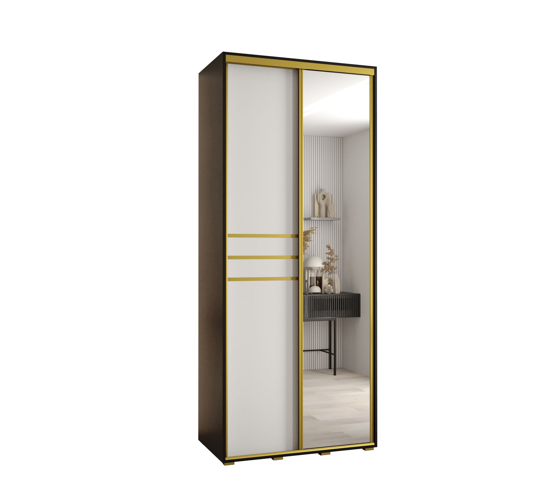 Szafa przesuwna z lustrem wysoka Davos 11 120 x 45 x 235,2 cm czarny + biały + u. złoty - Abiks Meble