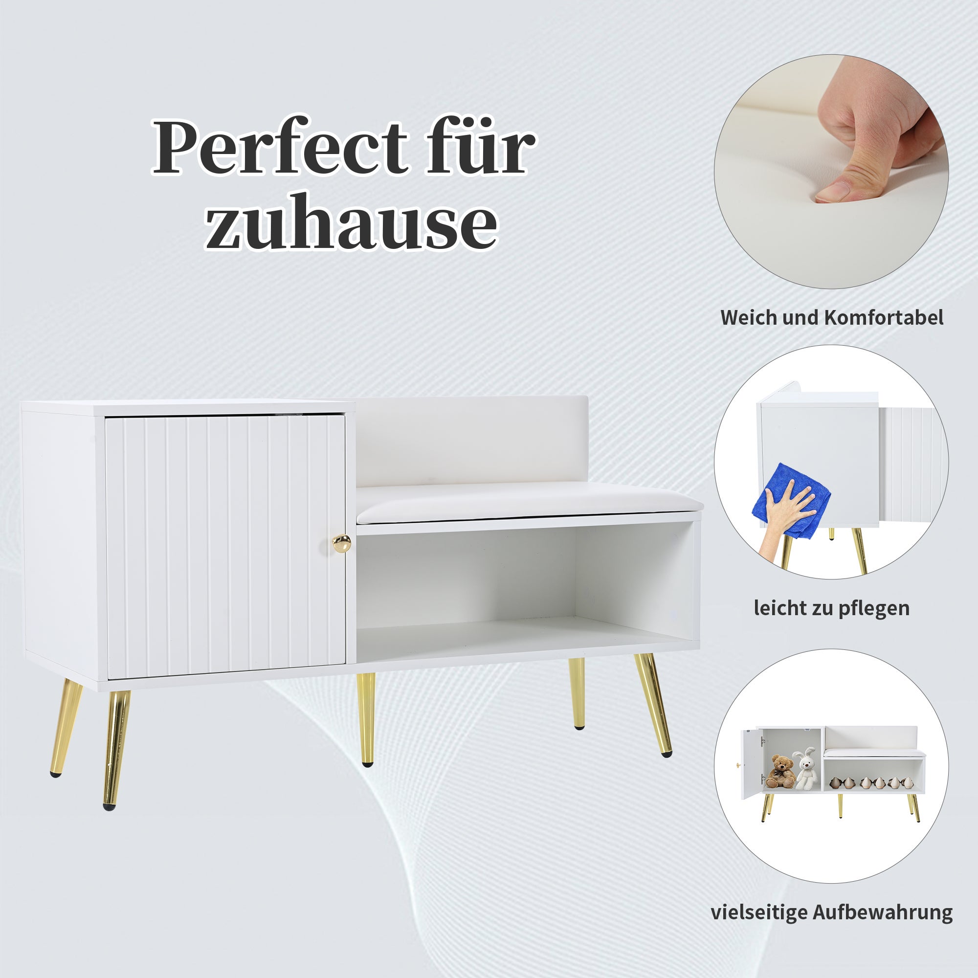 Commode à chaussures moderne luxueuse blanche, siège rembourré avec dossier, poignées/pieds métalliques, idéal entrée, dims: L100×P40×H58 cm - 4