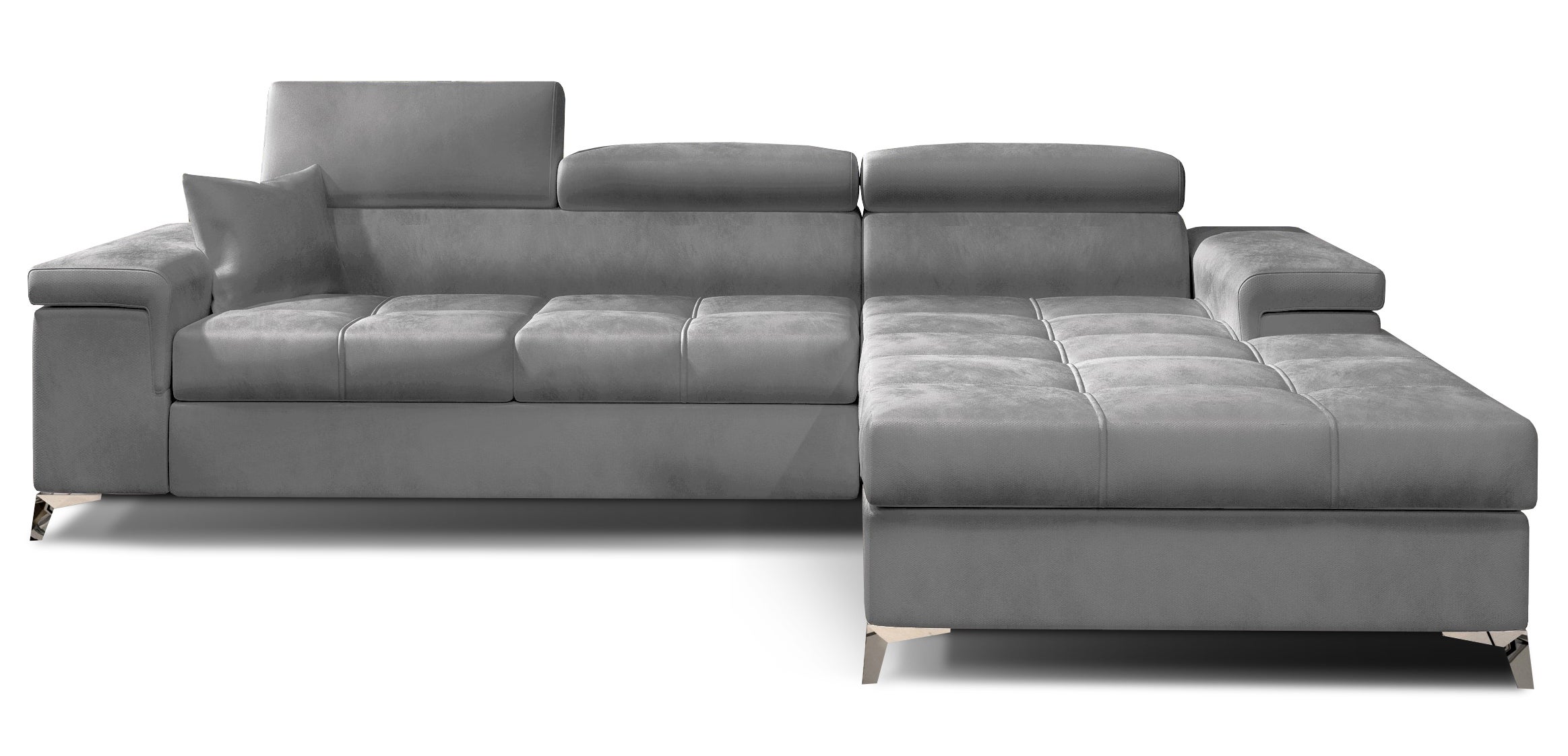 Canapé angle droit convertible velours gris clair avec appuis-tête