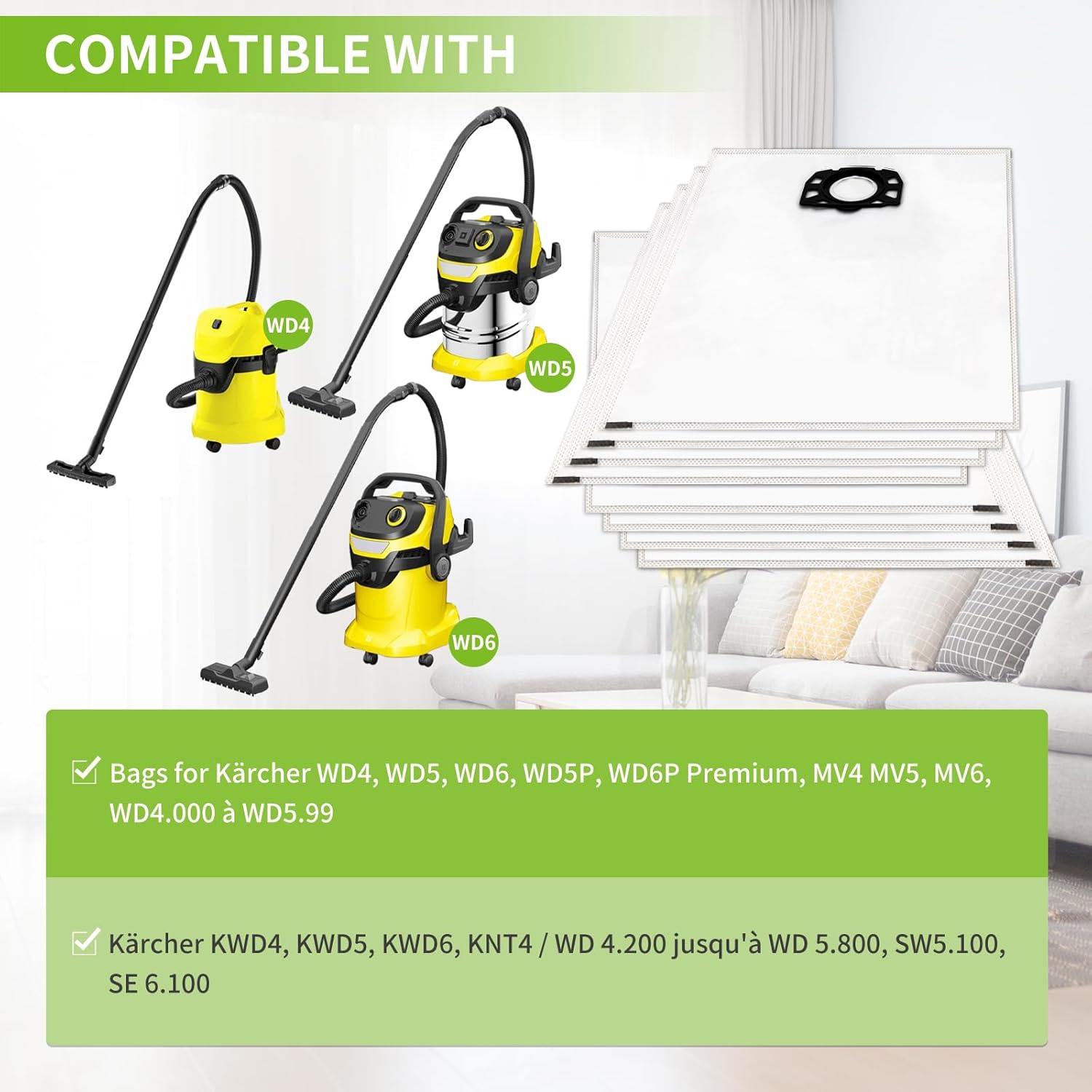 Pack de 10 sacs pour aspirateurs Karcher WD4, WD5, WD6, MV4, MV5 et MV6 - 4