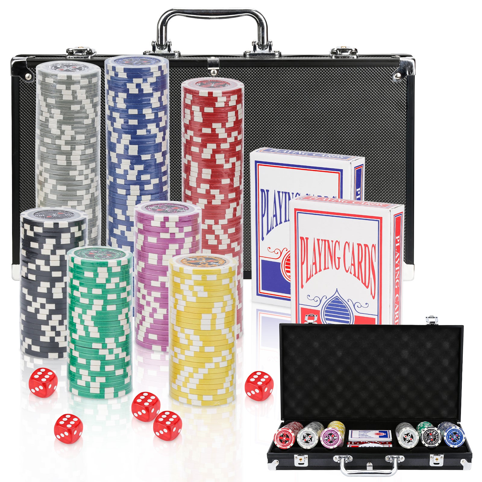 Relaxdays Coffret Poker 300 Jetons - Mallette Alu, 2 Jeux Cartes, Bouton Dealer, 5 Dés - Soirée Casino à La Maison