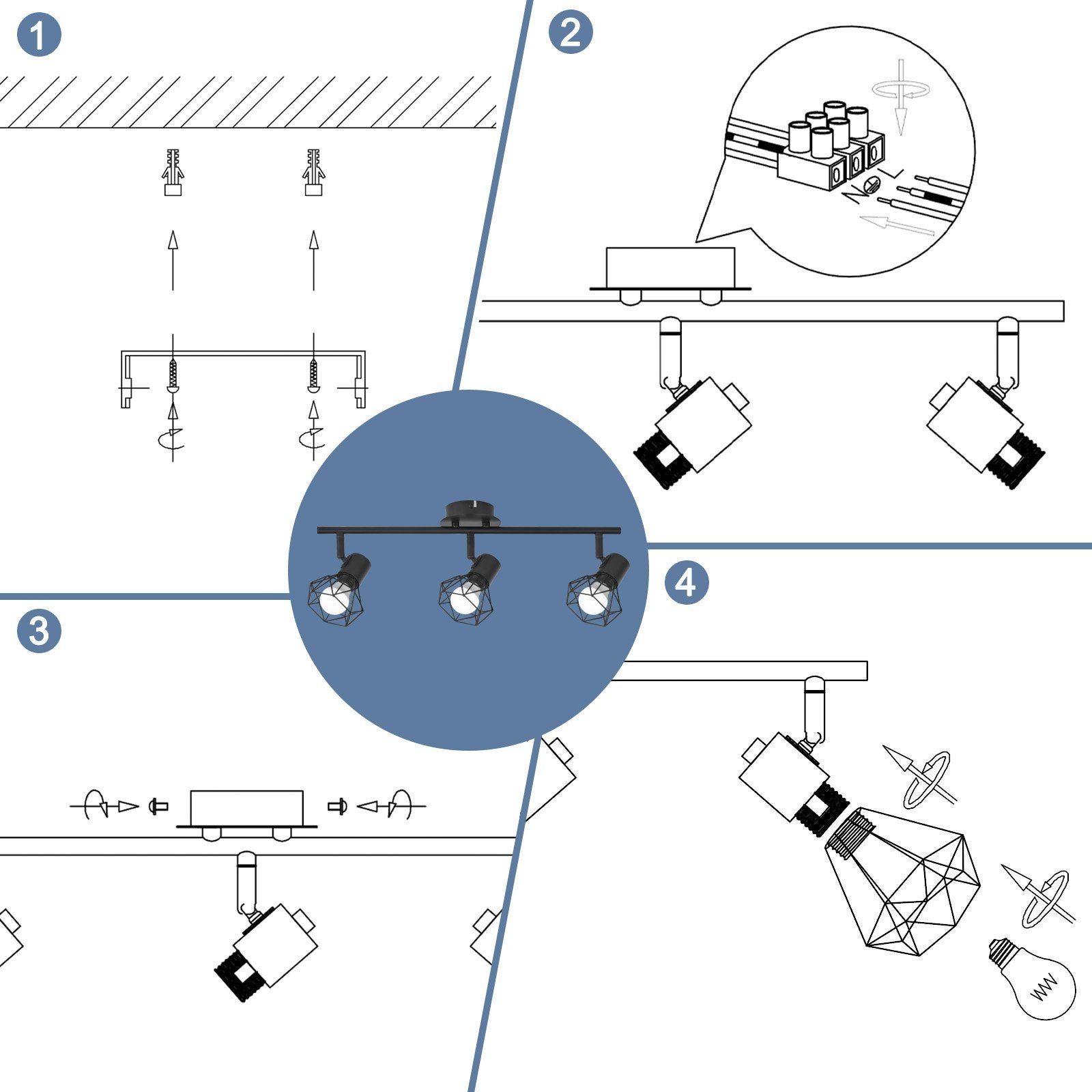 NETTLIFE 3 Focos de Techo Negros E14 Retro Regulables 350° Metal Industrial para Dormitorio Salón Oficina Sin Bombillas - 7