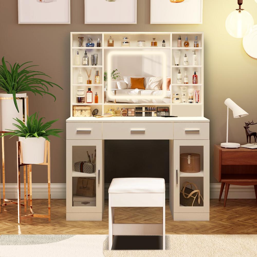 Meuble de toilette avec miroir - Tiroirs, étagères, surface spacieuse, toit anti-poussière - 3 modes de couleur, blanc - Idéal pour chambre - 8