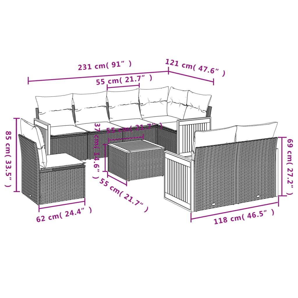 Salon de jardin avec coussins, 9 pièces, beige, en résine tressée - 8