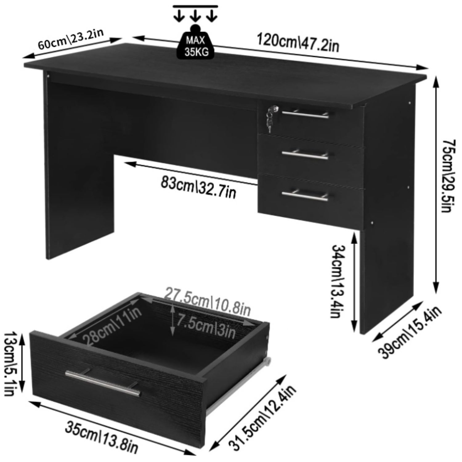 Table de bureau,Table d’ordinateur en bois,Table de travail avec 3 tiroirs et verrou,120x59x75 cm,Noir,WOLTU - 4
