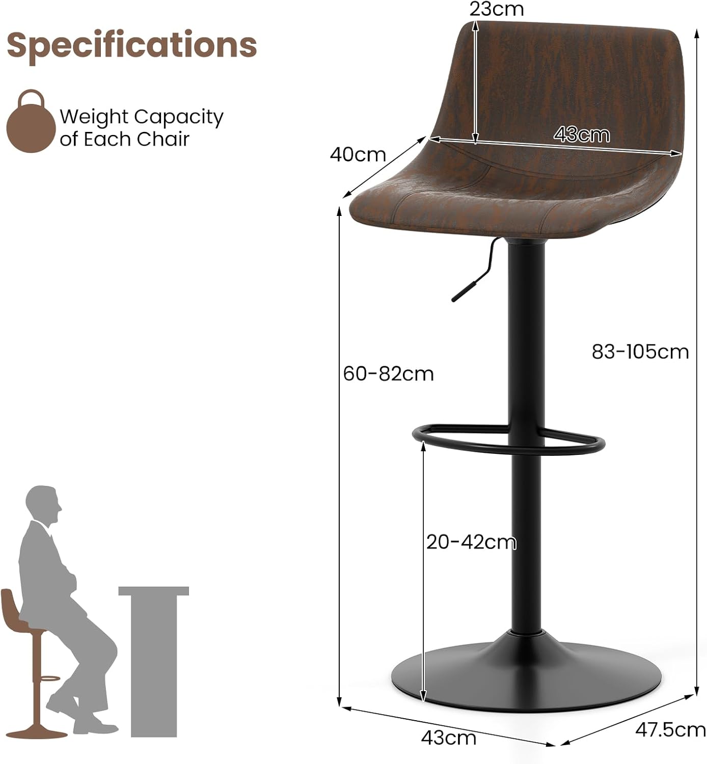 Juego de 2 taburetes de bar, silla giratoria de bar, altura del asiento de 60 a 82 cm, con respaldo curvo, carga 150 kg, para mostrador, isla, bar - 2