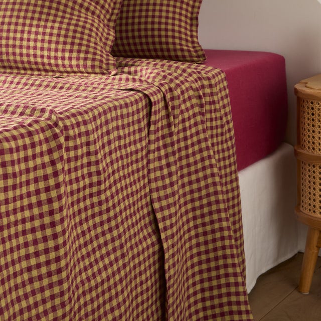 Drap plat en lin lavé, Acélie Bordeaux - Bordeaux/absinthe - 180 x 290 cm