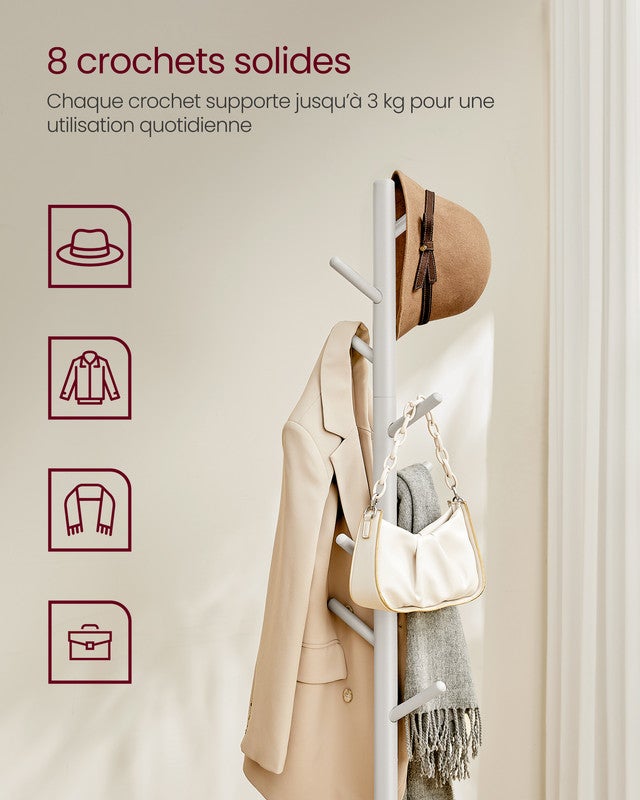 Portemanteau, Portant à Vêtements en Bois, 3 Hauteurs, pour Manteaux, Chapeaux, Sacs, pour Entrée, Couloir, Bois d'Hévéa, Beige Cappuccino - 6