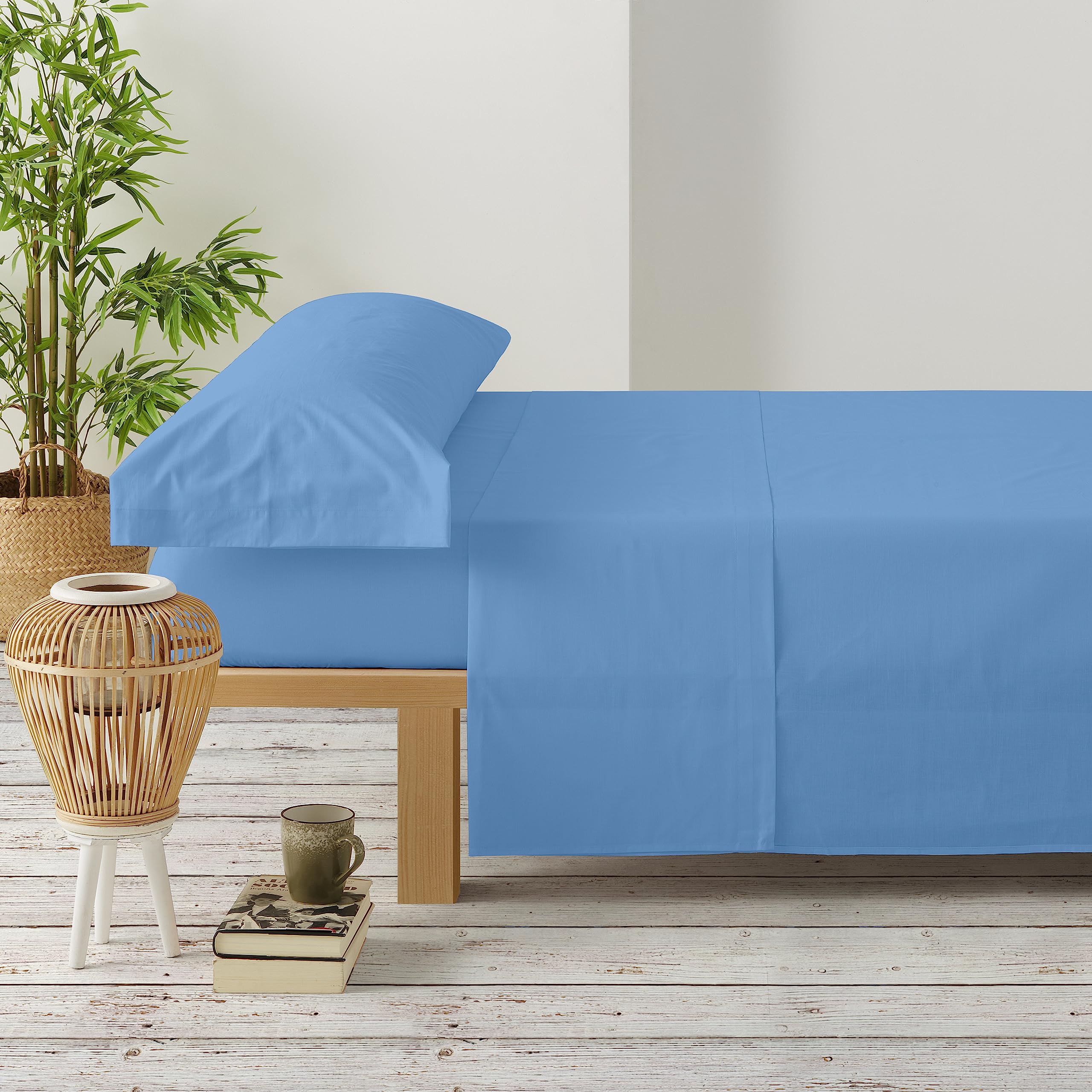 Tata Home Joli Completo Letto Singolo 100% Cotone – Lenzuolo Sotto Con Angoli, Sopra E Federa – Made In Italy, Colore Azzurro Blu, 57 Fili