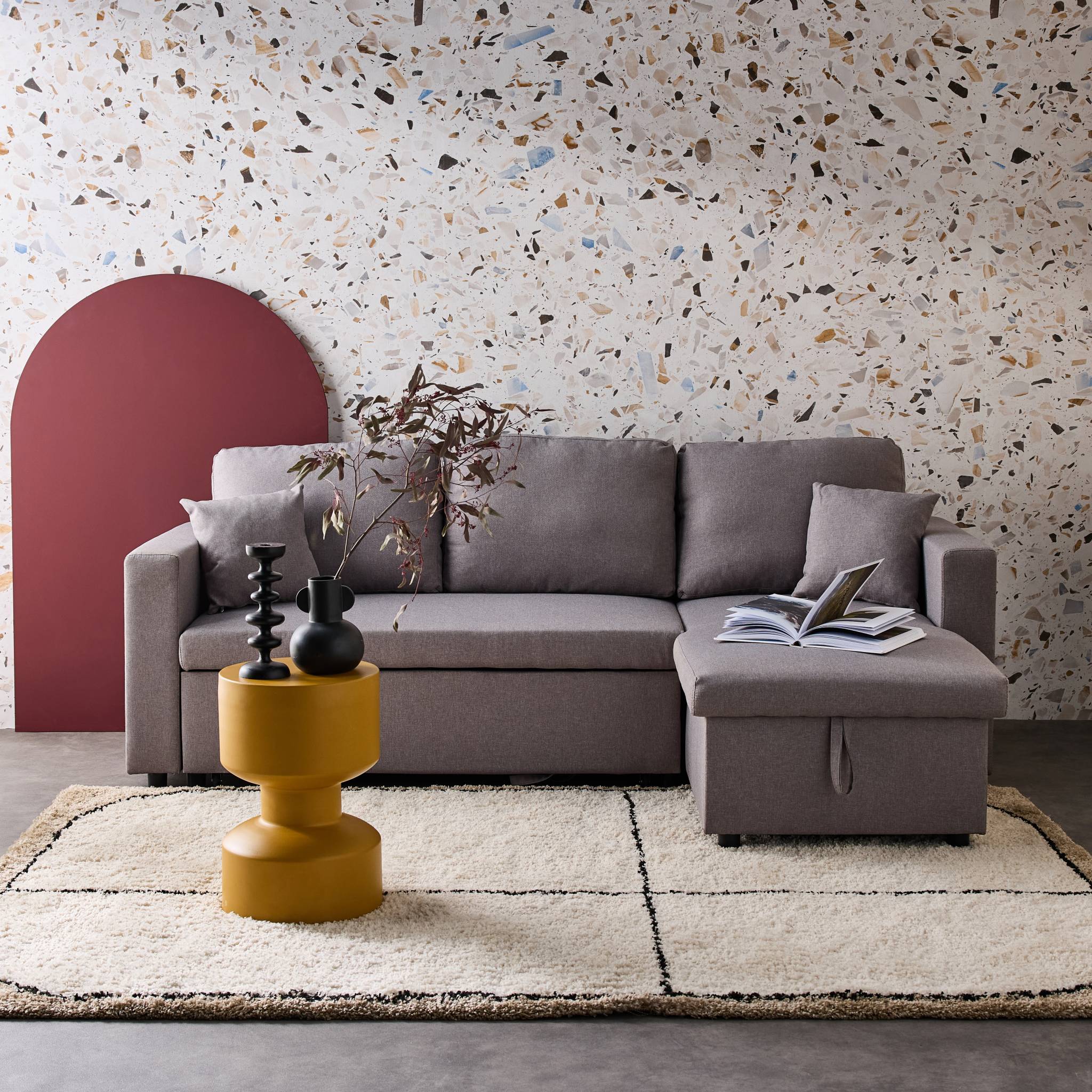 Divano angolare reversibile compatto 3 posti in tessuto, Grigio chiaro - 8