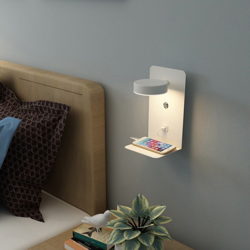 Lampka nocna do czytania przy łóżku, lampa ścienna LED do użytku wewnętrznego z portem USB, 12 W, ściemnialna w trzech kolorach, obrót o 330°, biała