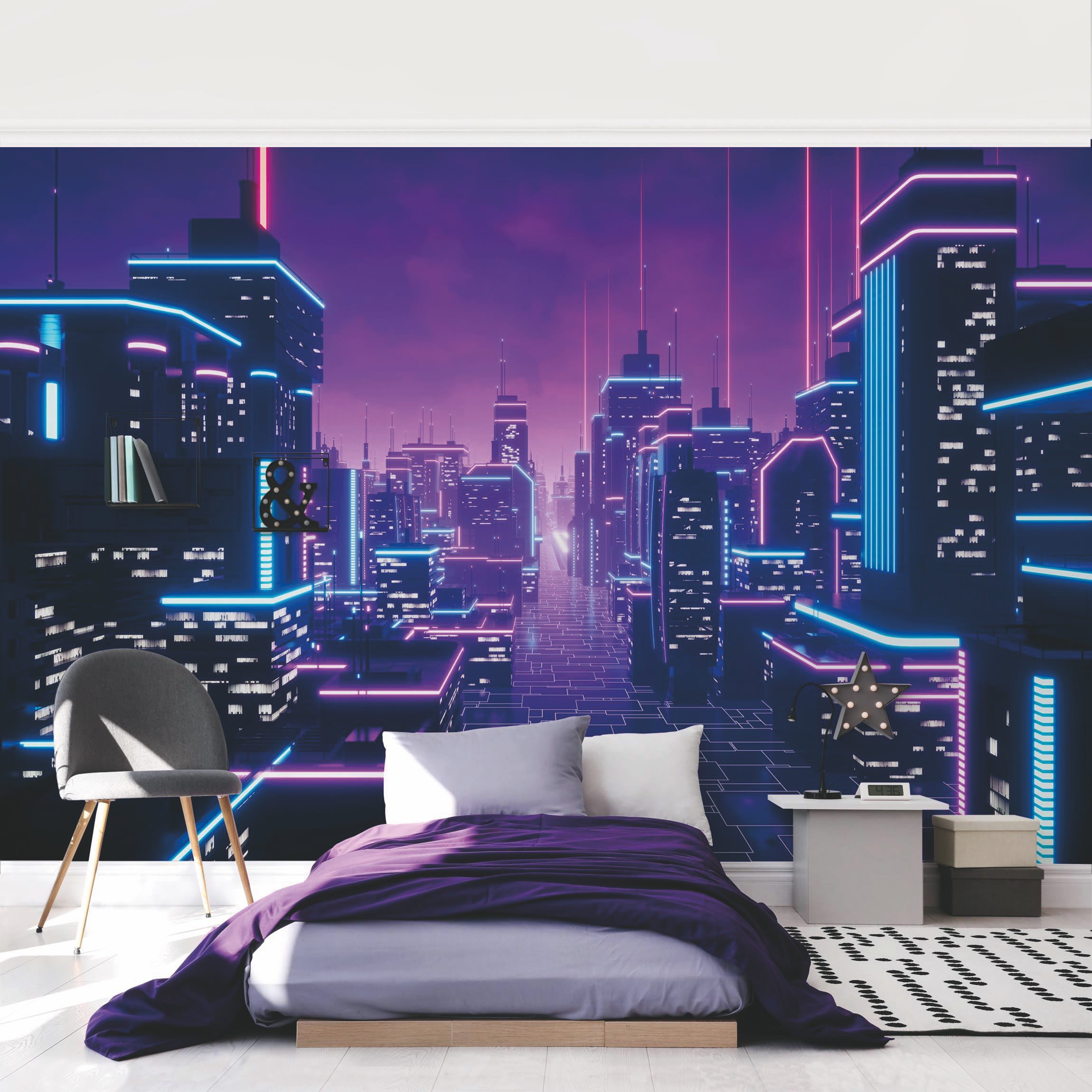 Papel pintado fotomural 3d neón arte ciudades arte digital 389 - dormitorio juvenil dormitorio salón - tnt 384 x 255 cm smart