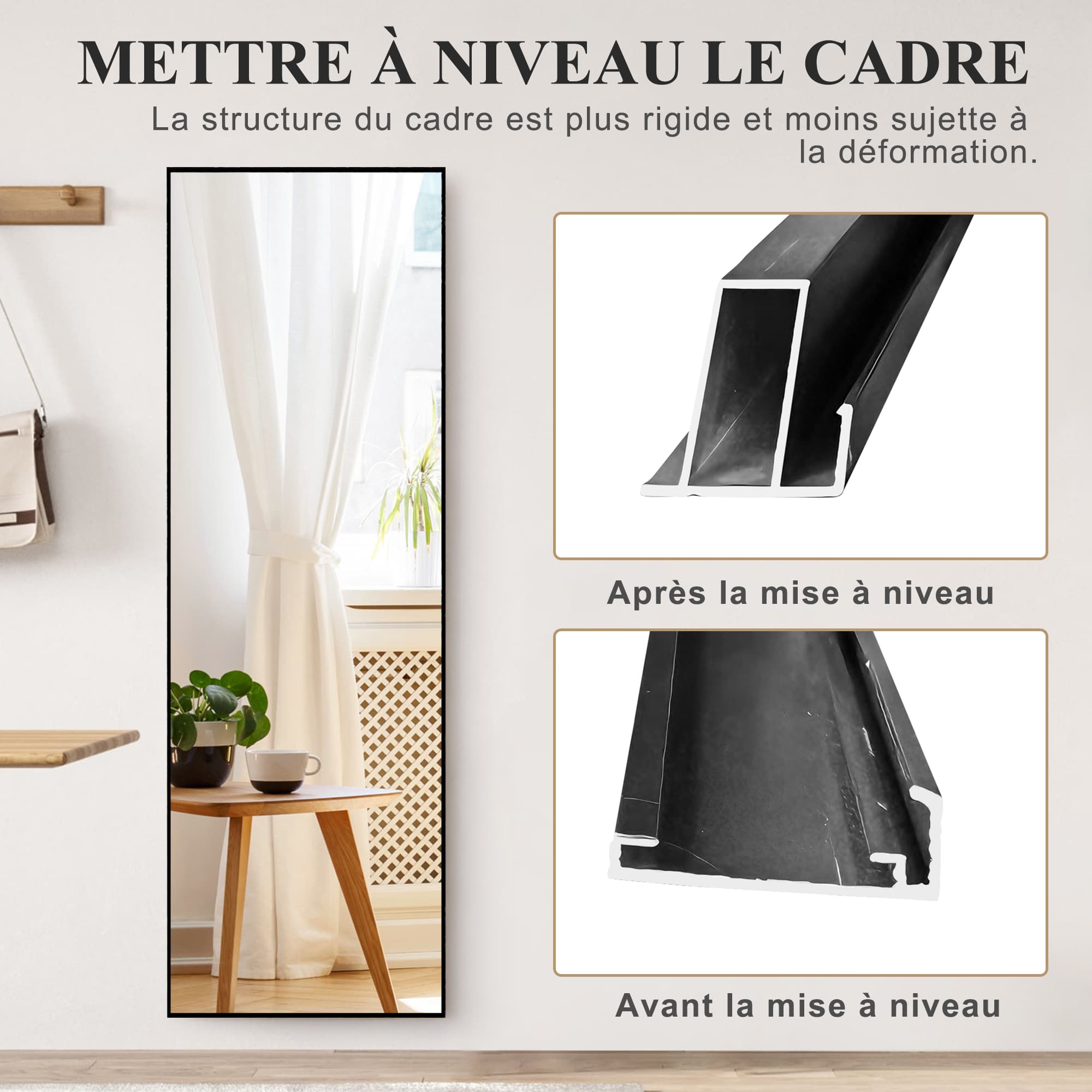 Espejo cuadrado de cuerpo entero de 164*54 cm (negro, marco de aluminio): se puede montar en la pared o inclinar. - 8