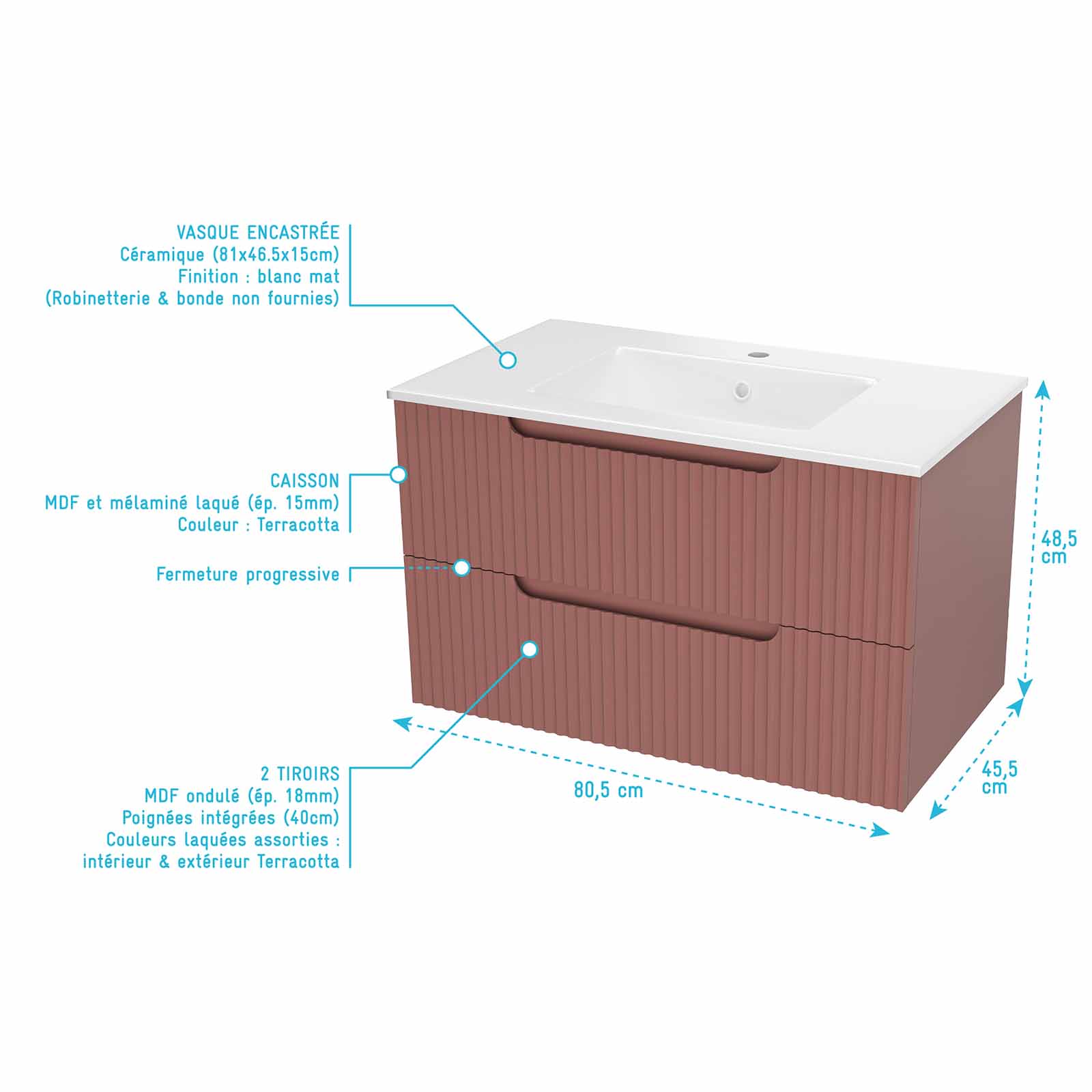 Meuble et colonne de Salle de Bains LEON 80cm Terracotta - Façades Ondulées - Vasque Blanche Mate - 4