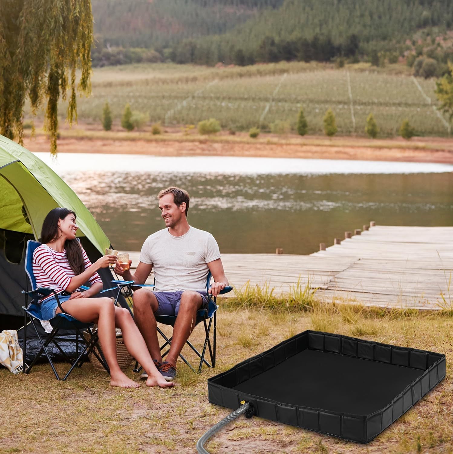 Base doccia portatile da campeggio 104 cm – Pieghevole con tubo di scarico e morsetto – Per tenda doccia, camper, esterni, animali e uso temporaneo - 7