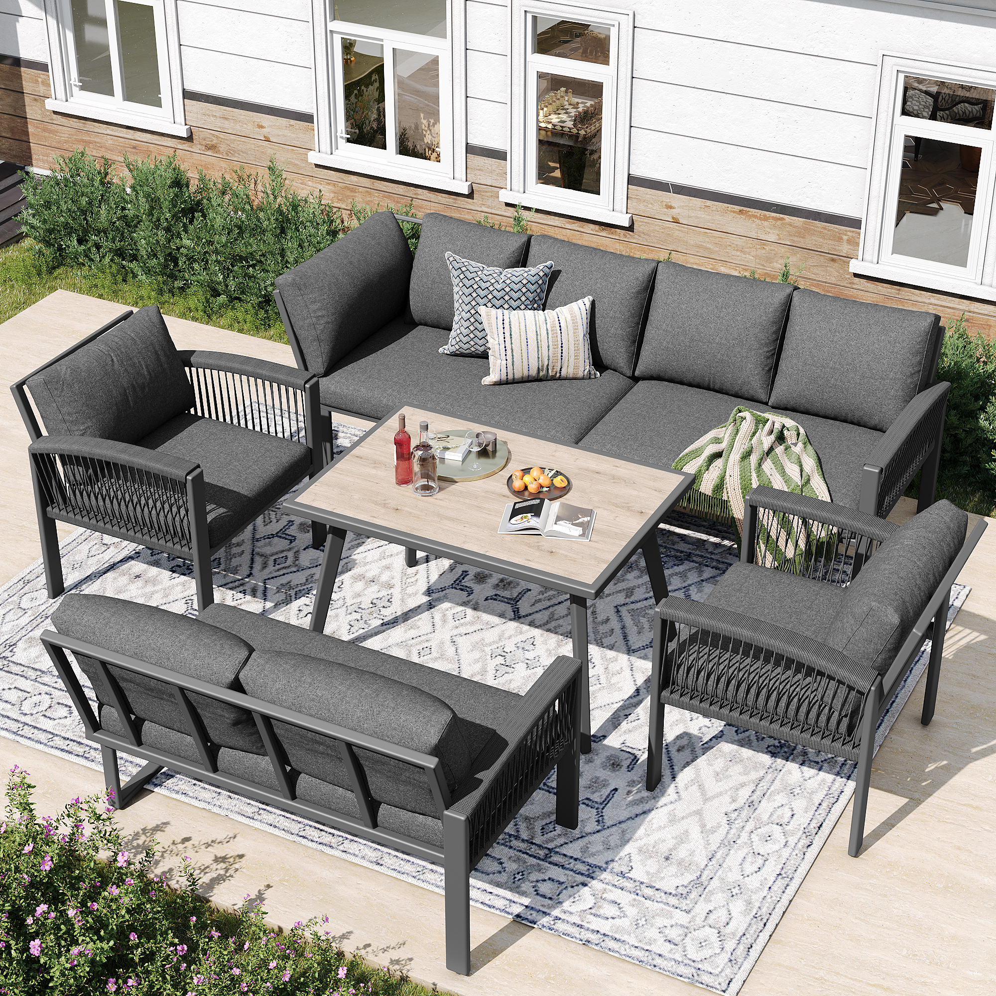 Salon de jardin modulable en fer galvanisé : 1 canapé 4 places + 1 canapé 2 places + 2 fauteuils + 1 table basse - Gris - 3
