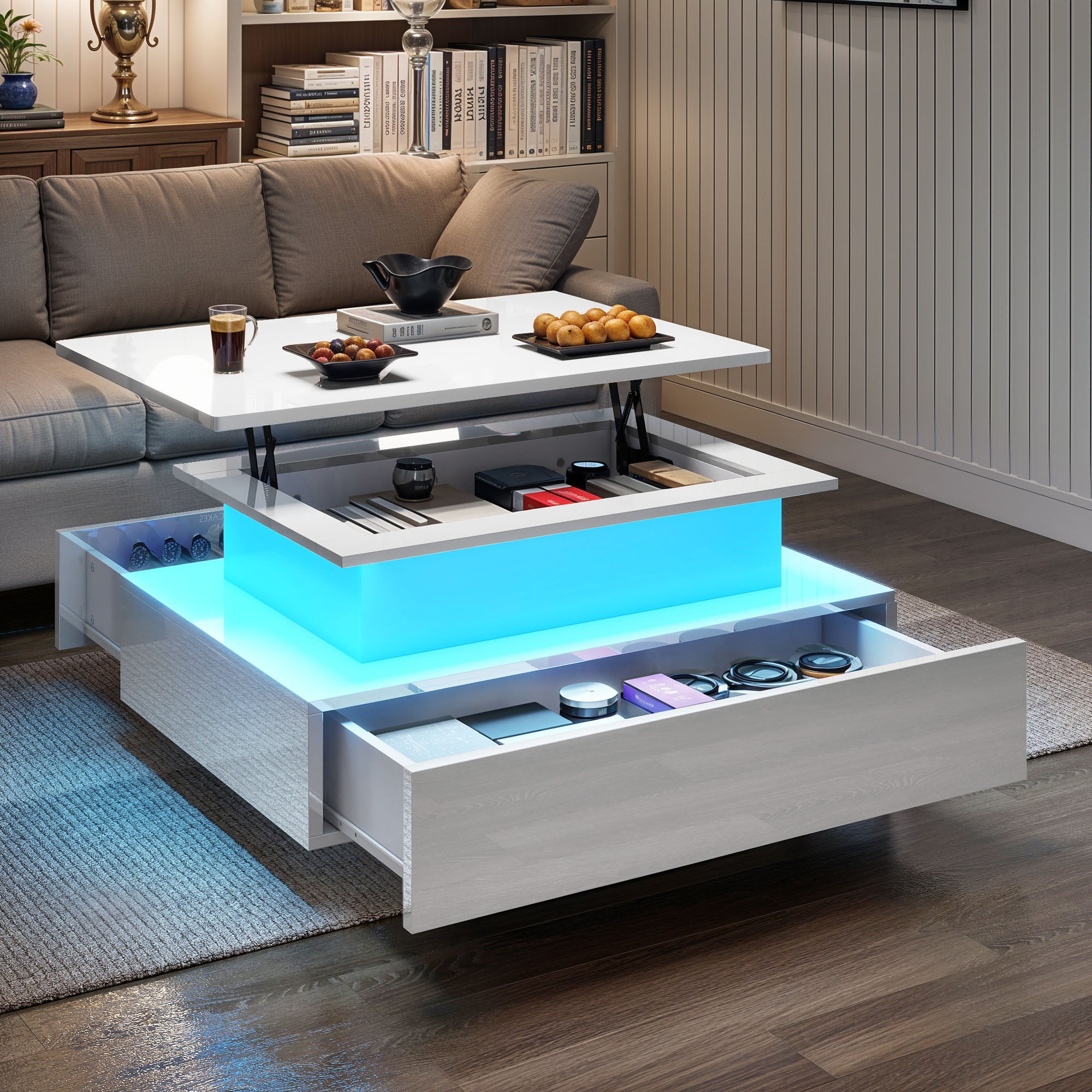 Balconera Table basse- Éclairage LED-2 tiroirs de rangement-85 x 55 x 56 cm- Blanc - 3