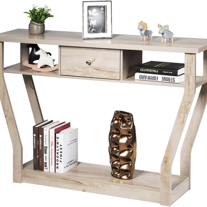 Stolik konsolowy z szufladą i regałem, stół do przedpokoju z drewna, stół wejściowy, stolik pomocniczy do wejścia, salonu, 120 x 30 x 81 cm (szary)