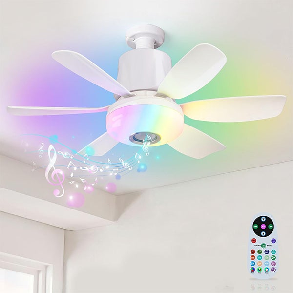Mini Ekonomiczny Wentylator Sufitowy - Światło LED RGB + Bluetooth, 18.5 Cala, 3 Poziomy - Ściemnialny, Minutnik, Pilot, E27