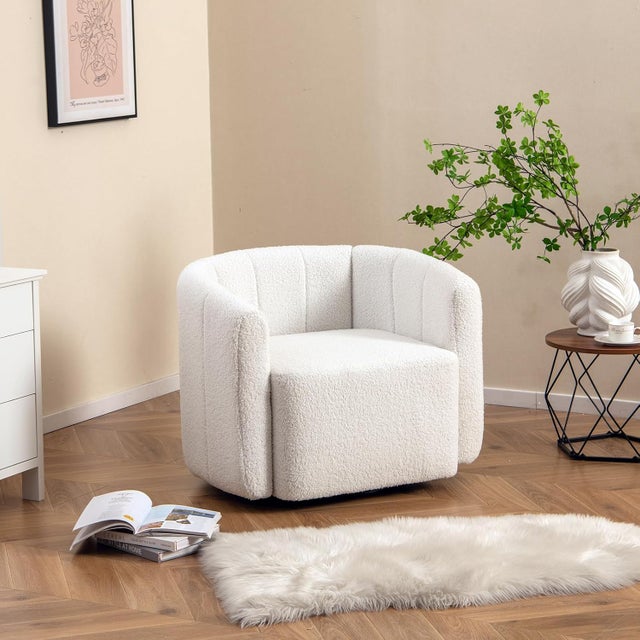 Fauteuil Pivotante en Forme de Tonneau, Chaise d'Appoint Rembourrée Moderne en Sherpa avec Dossier Incurvé et Accoudoirs, Siège Spacieux