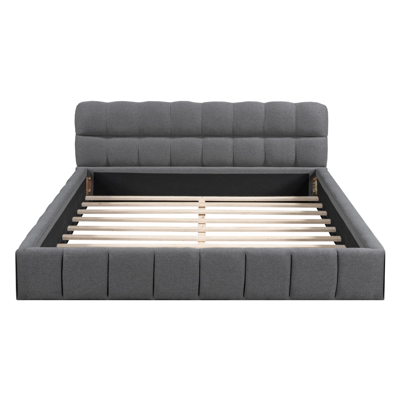 Lit adulte 140x190cm en lin avec dossier moelleux, Lit plat avec sommier à lattes, gris - 3
