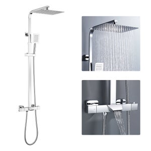 AURALUM MAX Colonne de douche thermostatique,3 Fonctions Kit de Douche en laiton,avec Mitigeur Douche Cascade,Hauteur Réglable 98.5-129.5 cm,Chromé