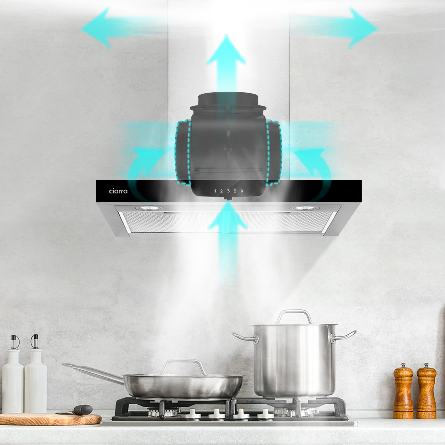 CIARRA Hotte Tactile 60cm 650m3/h A+++ 4 Vitesses Booster Recyclage ou Evacuation Inox CBCS6102 - 4